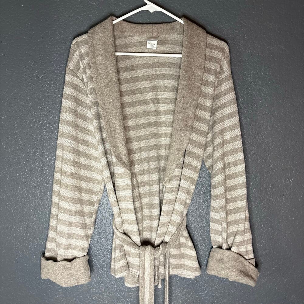 Vintage 90s Natori Wrap Belted Robe Womens M Gray Striped Cozy Resortwear